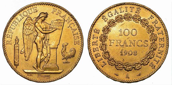 FRANCIA. TROISIEME REPUBLIQUE, 1871-1940. 100 Francs 1908. Parigi  - Asta Numismatica - Associazione Nazionale - Case d'Asta italiane