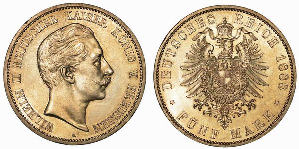 GERMANIA - PRUSSIA. WILHELM II, 1888-1918. 5 Mark 1888. Berlino.  - Asta Numismatica - Associazione Nazionale - Case d'Asta italiane