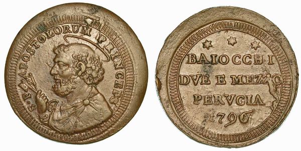 PIO VI (GIOVANNI ANGELO BRASCHI DI CESENA), 1775-1799. Sampietrino da 2 e  Baiocchi 1796. Perugia.  - Asta Numismatica | Rinascimento - Associazione Nazionale - Case d'Asta italiane