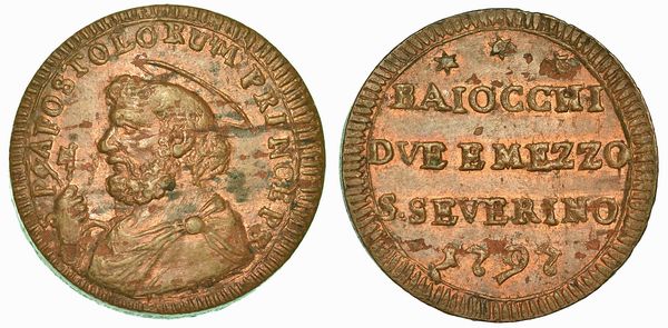 PIO VI (GIOVANNI ANGELLO BRASCHI), 1775-1799. Sampietrino da 2 e 1/2 Baiocchi 1797. San Severino.  - Asta Numismatica | Rinascimento - Associazione Nazionale - Case d'Asta italiane