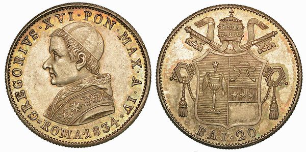 GREGORIO XVI (BARTOLOMEO ALBERTO CAPPELLARI), 1831-1846. 20 Baiocchi 1834/A. IV. Roma.  - Asta Numismatica | Rinascimento - Associazione Nazionale - Case d'Asta italiane