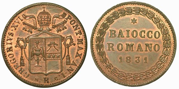 GREGORIO XVI (BARTOLOMEO ALBERTO CAPPELLARI), 1831-1846. Baiocco romano 1831. Roma.  - Asta Numismatica | Rinascimento - Associazione Nazionale - Case d'Asta italiane