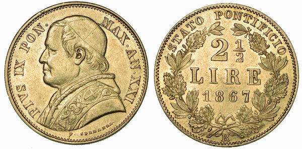 PIO IX (GIOVANNI MARIA MASTAI FERRETTI), 1846-1878. 2 1/2 Lire 1867/A. XXI.  - Asta Numismatica | Rinascimento - Associazione Nazionale - Case d'Asta italiane