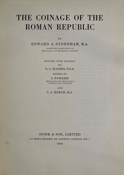 SYDENHAM E. A. The Coinage of the Roman Republic.  - Asta Numismatica | Rinascimento - Associazione Nazionale - Case d'Asta italiane