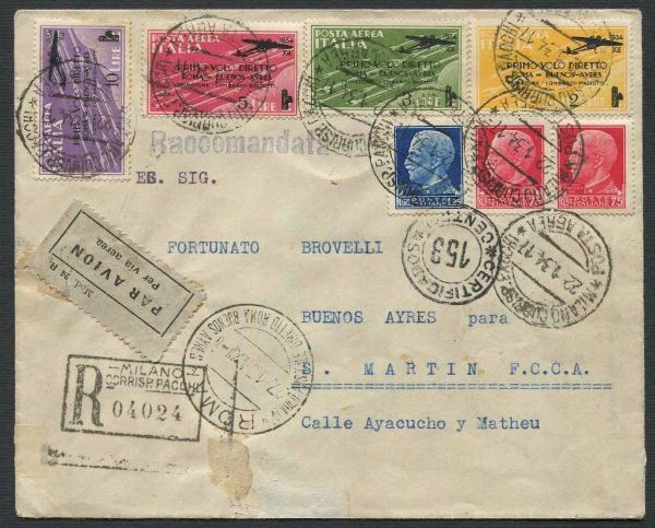 1934, Regno d'Italia, Primo Volo Postale diretto  Roma  Buenos Ayres  - Asta Storia Postale e Filatelia - Associazione Nazionale - Case d'Asta italiane