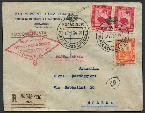 1934, Volo Mogadiscio/Roma, raccomandata per Modena del 13 novembre 1934  - Asta Storia Postale e Filatelia - Associazione Nazionale - Case d'Asta italiane