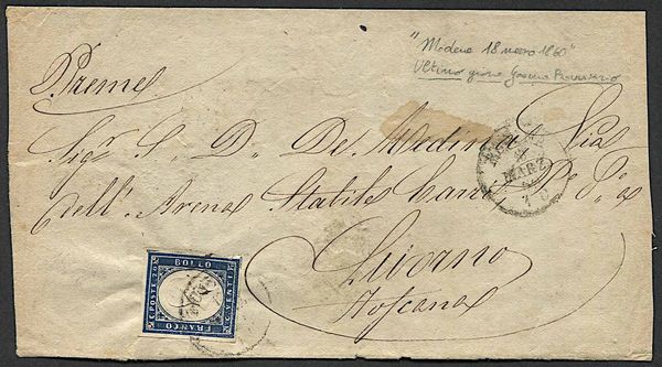 1860, Modena, frontespizio di lettera da Modena per Livorno del 18 marzo 1860  - Asta Storia Postale e Filatelia - Associazione Nazionale - Case d'Asta italiane