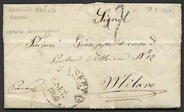 1860, Napoli, Dittatura Garibaldina (7 settembre/8 novembre 1860), lettera in porto assegnato da Caserta per Milano del 29 settembre 1860  - Asta Storia Postale e Filatelia - Associazione Nazionale - Case d'Asta italiane