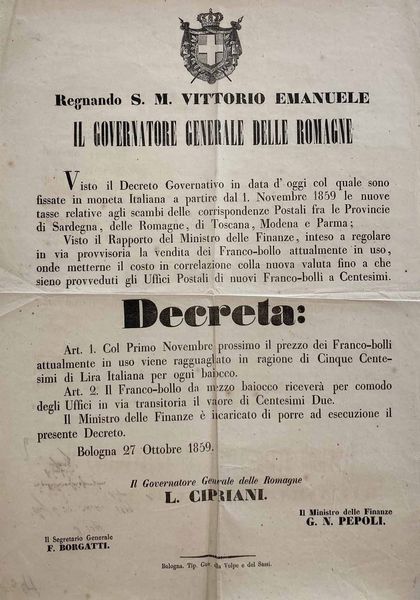 Decreto del Governatore Generale delle Romagne, Leonetto Cipriani, dato in Bologna il 27 ottobre 1859.  - Asta Storia Postale e Filatelia - Associazione Nazionale - Case d'Asta italiane