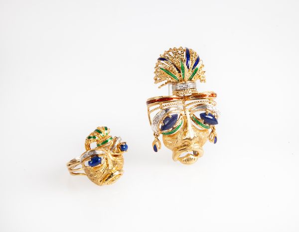 Parure spilla e anello in oro smalti e pietre  - Asta Fine Jewels and Watches - Associazione Nazionale - Case d'Asta italiane