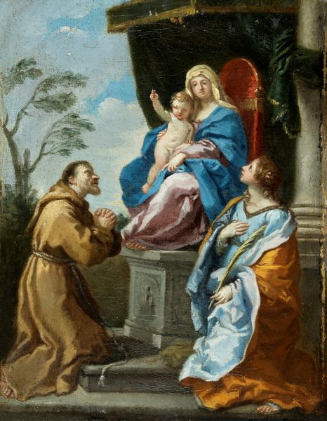 Scuola emiliana, secolo XVII : Madonna con Bambino in trono, san Francesco d'Assisi e santa Caterina d'Alessandria  - Asta Dipinti e Disegni Antichi - Associazione Nazionale - Case d'Asta italiane