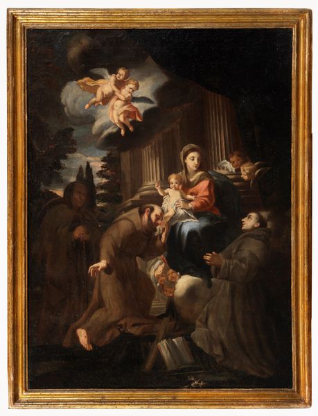 Scuola italiana, fine secolo XVII - inizi secolo XVIII : San Francesco, Sant'Antonio da Padova e San Bonaventura da Bagnoreggio (?) in adorazione della Madonna con Bambino  - Asta Dipinti e Disegni Antichi - Associazione Nazionale - Case d'Asta italiane