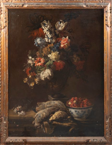 Scuola francese, fine secolo XVII - inizi secolo XVIII : Trionfo di fiori con cacciagione e ciotola di frutti di bosco  - Asta Dipinti e Disegni Antichi - Associazione Nazionale - Case d'Asta italiane