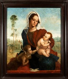 Scuola lombarda, secolo XVI e restauratore moderno : Madonna con Bambino e San Giovannino  - Asta Dipinti e Disegni Antichi - Associazione Nazionale - Case d'Asta italiane