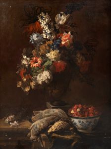 Scuola francese, fine secolo XVII - inizi secolo XVIII : Trionfo di fiori con cacciagione e ciotola di frutti di bosco  - Asta Dipinti e Disegni Antichi - Associazione Nazionale - Case d'Asta italiane