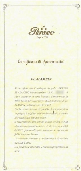 PERSEO EL ALAMEIN REF. 16334 N. 3XX  - Asta Orologi  - Associazione Nazionale - Case d'Asta italiane