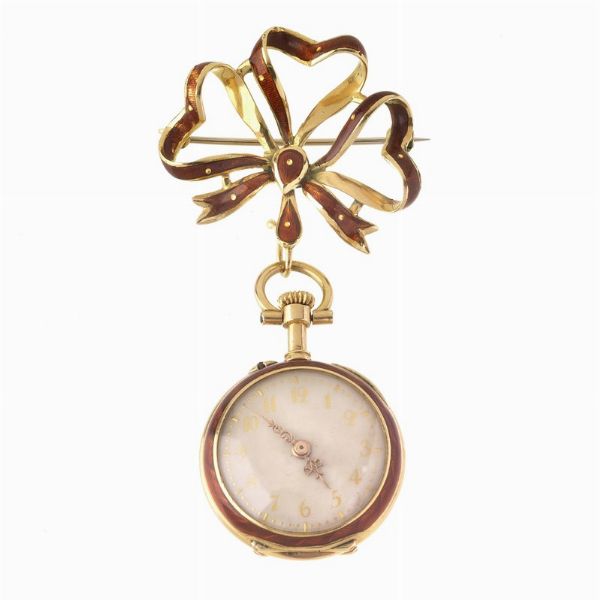 OROLOGIO DA DONNA CON SPILLA IN ORO E SMALTO  - Asta Orologi  - Associazione Nazionale - Case d'Asta italiane