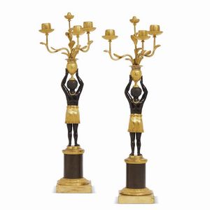 COPPIA DI CANDELABRI, PARIGI, 1800-1810  - Asta INTERNATIONAL FINE ART E UNA IMPORTANTE COLLEZIONE DI PENDOLE AU BON SAUVAGE - Associazione Nazionale - Case d'Asta italiane