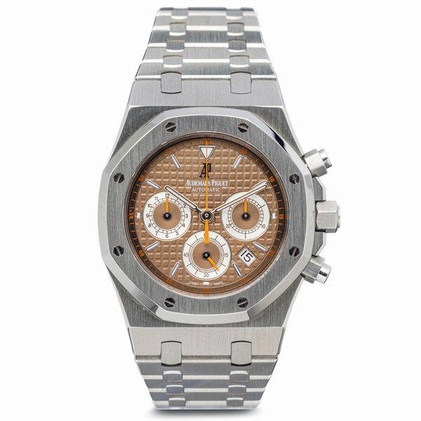 AUDEMARS PIGUET : Affascinante e sportivo Royal Oak Chrono 26300 ST in acciaio con quadrante marrone tropicale e sfere chrono arancione, tre contatori e datario ad ore 5  - Asta Orologi da Polso e da Tasca - Associazione Nazionale - Case d'Asta italiane