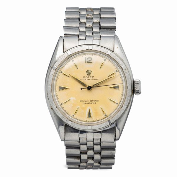 ROLEX : Sportivo e versatile Oyster Perpetual ref 6085 in acciaio inossidabile, quadrante fan con indici triangolari e a bastone, sfere Gladio, bracciale Jubilee  - Asta Orologi da Polso e da Tasca - Associazione Nazionale - Case d'Asta italiane