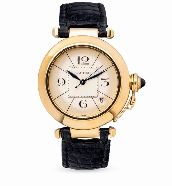 CARTIER : Classico Pash in oro giallo 18k, quadrante argentato Gren numeri Arabi, secondi centrali e lancette a foglia, movimento automatico con datario  - Asta Orologi da Polso e da Tasca - Associazione Nazionale - Case d'Asta italiane