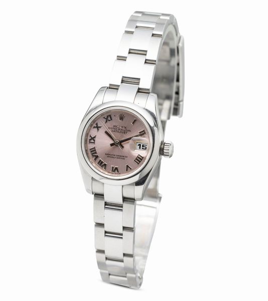 ROLEX : Sportivo e fine Lady Datejust ref 179160 in acciaio, quadrante rosa con numeri Romani, ghiera bombata bracciale Oyster accompagnato da scatole e garanzia  - Asta Orologi da Polso e da Tasca - Associazione Nazionale - Case d'Asta italiane