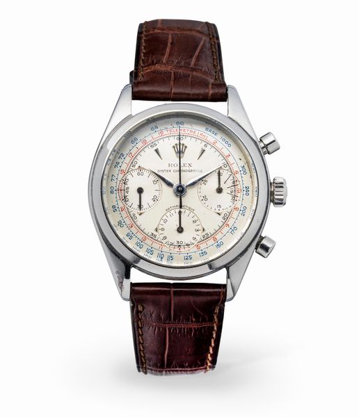 ROLEX : Sorprendente e ricercato Pre Daytona ref 6234 in acciaio a carica manuale con cronografo a tre contatori, tasti a pompa, quadrante Argent Gren e con scala tachimetrica blu e telemetrica rossa<BR>  - Asta Orologi da Polso e da Tasca - Associazione Nazionale - Case d'Asta italiane