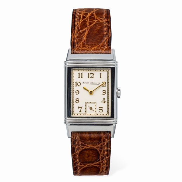 Jaeger-LeCoultre : Elegante e raro Reverso anni '30 in acciaio, quadrante bianco con numeri Dec dorati e minuteria Chemin de Fer, secondi in basso carica manuale  - Asta Orologi da Polso e da Tasca - Associazione Nazionale - Case d'Asta italiane