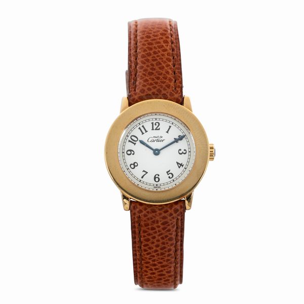 CARTIER : Cartier Must Ronde in argento 925 laminato in oro 18k, quadrante Argent con numeri arabi, movimento al quarzo, cinturino in pelle con fibbia originale, come nuovo  - Asta Orologi da Polso e da Tasca - Associazione Nazionale - Case d'Asta italiane