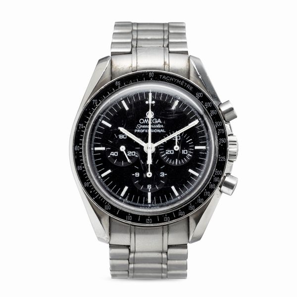 OMEGA : Sportivo Speedmaster Professional ref 145.0022 in acciaio inossidabile con anse elicoidale, ghiera tachimetrica e tasti a pompa, carica manuale e vetro plexiglass  - Asta Orologi da Polso e da Tasca - Associazione Nazionale - Case d'Asta italiane