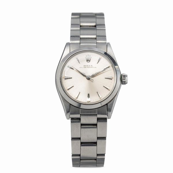 ROLEX : Pregevole Orologio Oyster Perpetual ref 6548 in acciaio con quadrante Argent e indici applicati, bracciale Oyster, corredato da scatola e garanzia originali  - Asta Orologi da Polso e da Tasca - Associazione Nazionale - Case d'Asta italiane