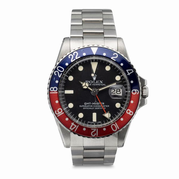 ROLEX : Iconico e sportivo GMT Master Pepsi ref 1675 in acciaio inossidabile quadrante nero opaco con pallettoni al trizio ghiera bicolore con doppio fuso orario Storia colori Pepsi  - Asta Orologi da Polso e da Tasca - Associazione Nazionale - Case d'Asta italiane