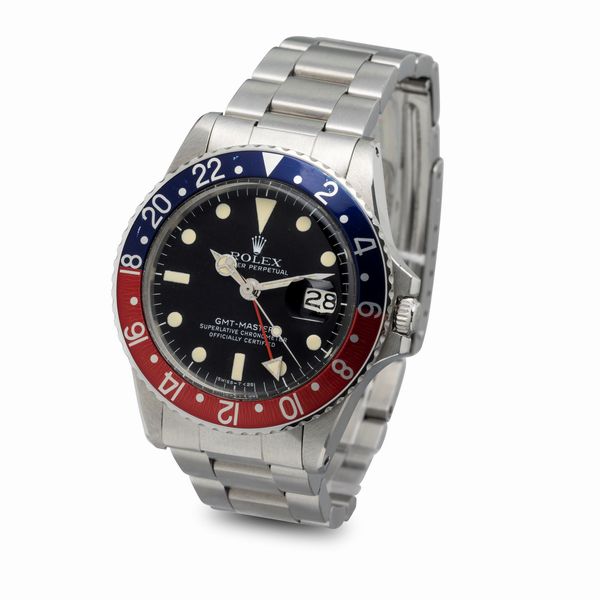 ROLEX : Iconico e sportivo GMT Master Pepsi ref 1675 in acciaio inossidabile quadrante nero opaco con pallettoni al trizio ghiera bicolore con doppio fuso orario Storia colori Pepsi  - Asta Orologi da Polso e da Tasca - Associazione Nazionale - Case d'Asta italiane