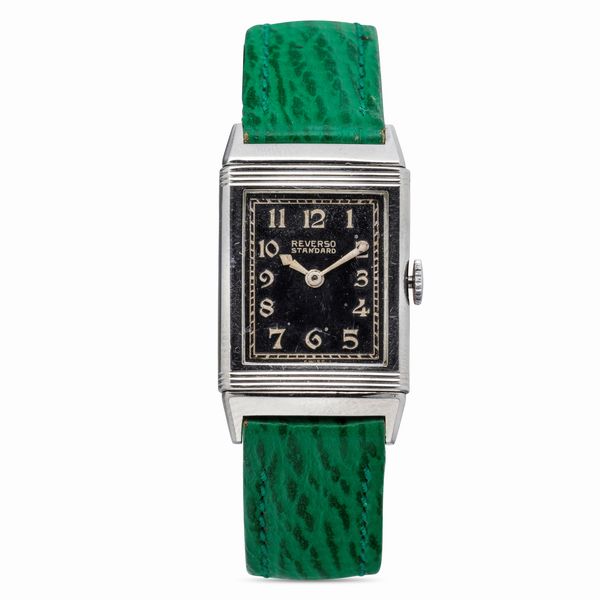 Jaeger-LeCoultre : Raro e iconico Reverso Standard in acciaio Staybright, quadrante nero con numeri Dec in rilievo e minuteria Chemin De Fer, carica manuale  - Asta Orologi da Polso e da Tasca - Associazione Nazionale - Case d'Asta italiane