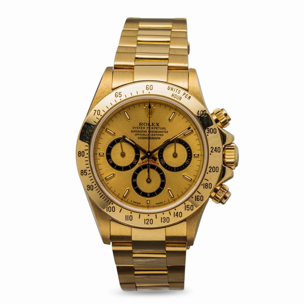 ROLEX : Iconico e pregevole Cosmograph Daytona ref 16528 in oro giallo 18k con quadrante champagne e contatori a contrasto neri  - Asta Orologi da Polso e da Tasca - Associazione Nazionale - Case d'Asta italiane