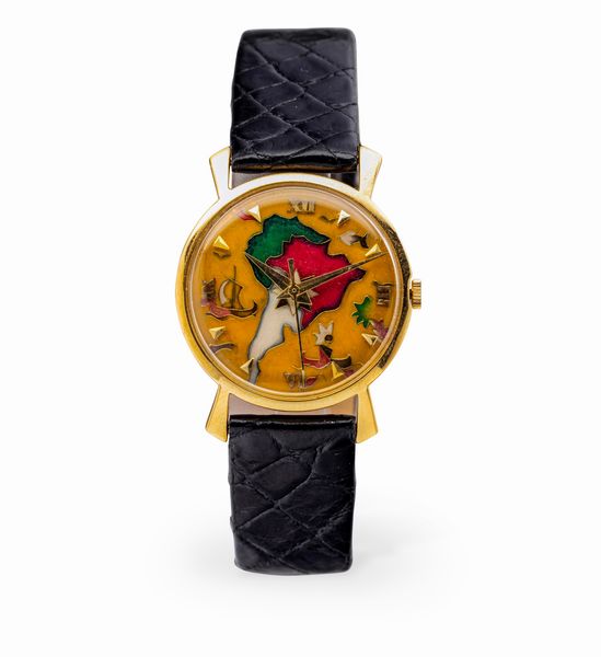 Jaeger-LeCoultre : Elegante e raro orologio con quadrante Cloisonn fatto a mano rappresentante il continente Sud America su fondo giallo, cassa di forma in oro giallo 18k, carica manuale, accompagnato da scatola ed estratto d'archivio  - Asta Orologi da Polso e da Tasca - Associazione Nazionale - Case d'Asta italiane