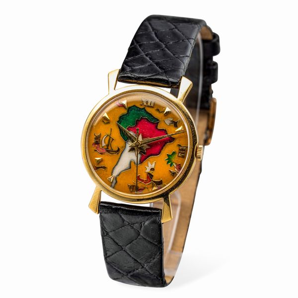 Jaeger-LeCoultre : Elegante e raro orologio con quadrante Cloisonn fatto a mano rappresentante il continente Sud America su fondo giallo, cassa di forma in oro giallo 18k, carica manuale, accompagnato da scatola ed estratto d'archivio  - Asta Orologi da Polso e da Tasca - Associazione Nazionale - Case d'Asta italiane