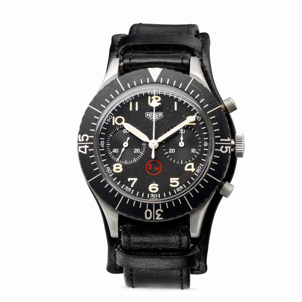 HEUER : Raro ed imponente cronografo militare Bundeswehr 3H con cassa in acciaio monoblocco, quadrante nero con indici e sfere luminescenti, fondello assegnato per le forze aeree Tedesche  - Asta Orologi da Polso e da Tasca - Associazione Nazionale - Case d'Asta italiane