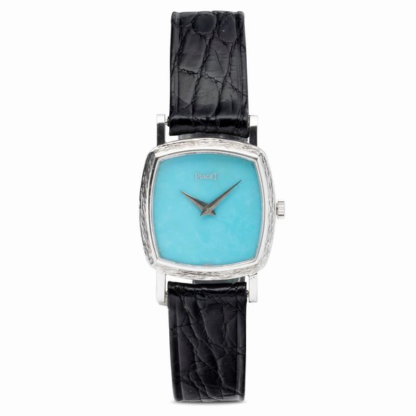 Piaget : Raffinato Lady in oro bianco 18k con quadrante in pietra dura turchese, carica manuale e cinturino in pelle  - Asta Orologi da Polso e da Tasca - Associazione Nazionale - Case d'Asta italiane