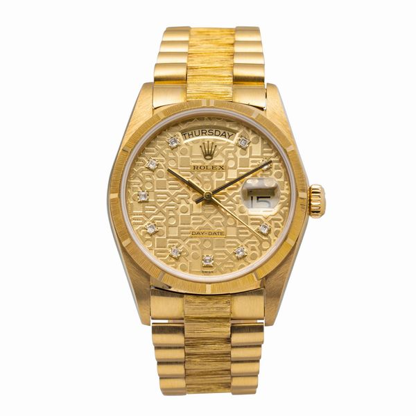 ROLEX : Prestigioso Day Date President Bark in oro giallo 18k, quadrante champagne Computer Dial con indici delle ore in brillanti  - Asta Orologi da Polso e da Tasca - Associazione Nazionale - Case d'Asta italiane