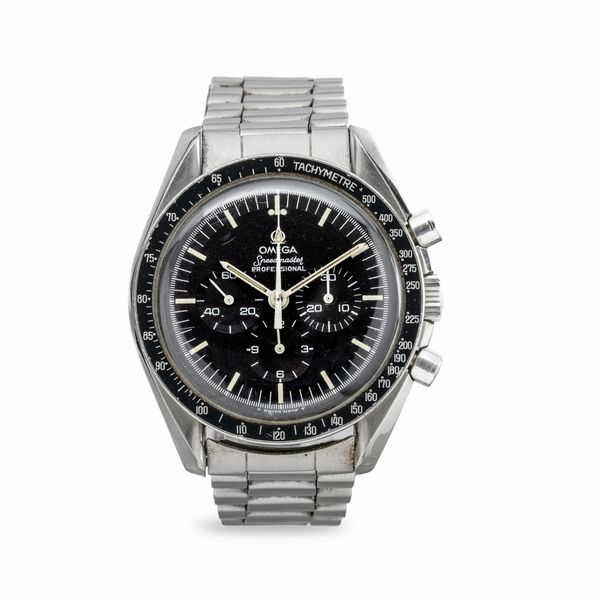 OMEGA : Iconico e sportivo Speedmaster Professional ref 145.022 cronografo con cassa in acciaio inossidabile e anse elicoidale e ghiera metallica tachimetrica, quadrante nero con indici al trizio  - Asta Orologi da Polso e da Tasca - Associazione Nazionale - Case d'Asta italiane