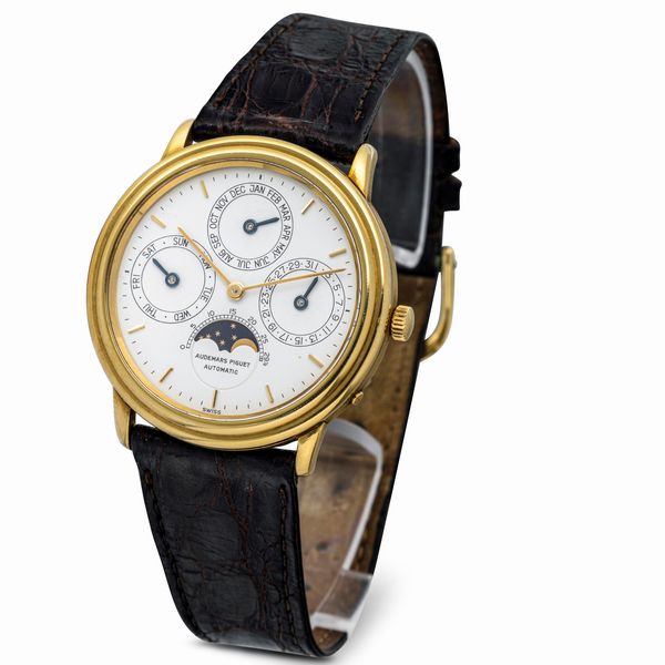 AUDEMARS PIGUET : Fine ed elegante Quantieme Perpetuel ref BA5548 automatico con quadrante bianco calendario perpetuo e fasi lunari, in oro giallo 18k con scatola, garanzia e cursore  - Asta Orologi da Polso e da Tasca - Associazione Nazionale - Case d'Asta italiane