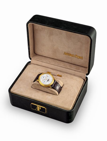 AUDEMARS PIGUET : Fine ed elegante Quantieme Perpetuel ref BA5548 automatico con quadrante bianco calendario perpetuo e fasi lunari, in oro giallo 18k con scatola, garanzia e cursore  - Asta Orologi da Polso e da Tasca - Associazione Nazionale - Case d'Asta italiane