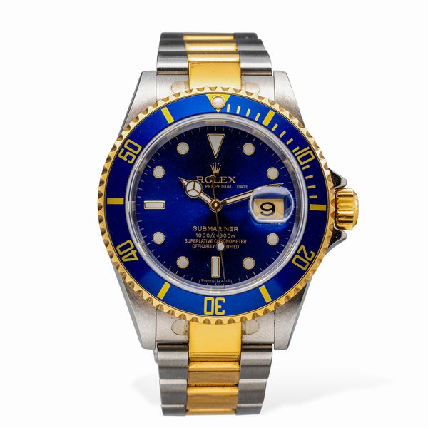 ROLEX : Submariner ref 16613 acciaio e oro, quadrante Blu Soleil movimento automatico con datario, ghiera girevole zigrinata unidirezionale, ancora presenti pellicole parziali e bollino sul fondello, scatola e garanzia  - Asta Orologi da Polso e da Tasca - Associazione Nazionale - Case d'Asta italiane