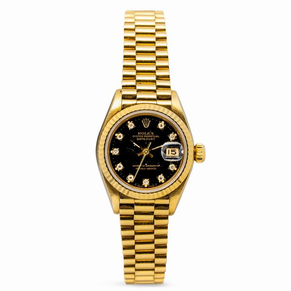 ROLEX : Elegante Deatejust Lady ref 69178 in oro giallo 18k con quadrante nero con indici brillanti e bracciale President con chiusura a scomparsa, accompagnato da scatola e garanzia  - Asta Orologi da Polso e da Tasca - Associazione Nazionale - Case d'Asta italiane