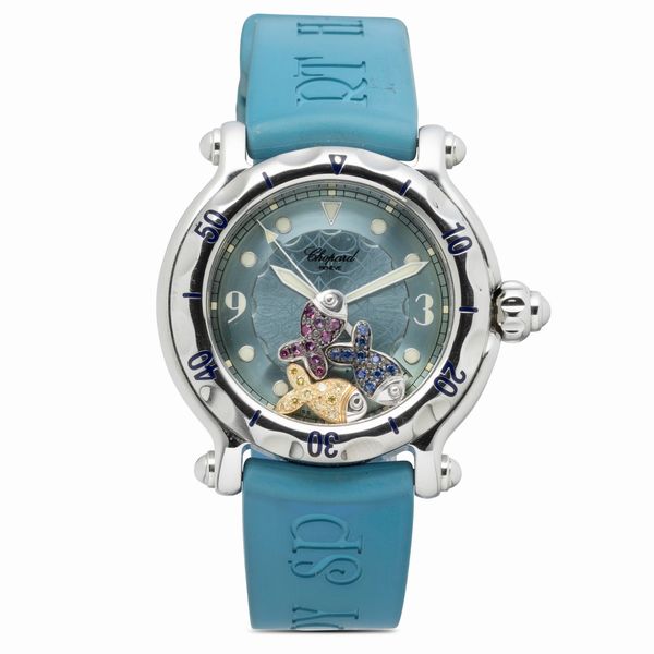 CHOPARD : Stravagante Happy Sport Fish in acciaio con tre pesciolini fluttuanti con pietre colorate, movimento al quarzo e cinturino in gomma  - Asta Orologi da Polso e da Tasca - Associazione Nazionale - Case d'Asta italiane