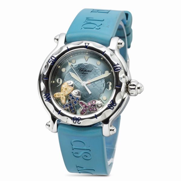 CHOPARD : Stravagante Happy Sport Fish in acciaio con tre pesciolini fluttuanti con pietre colorate, movimento al quarzo e cinturino in gomma  - Asta Orologi da Polso e da Tasca - Associazione Nazionale - Case d'Asta italiane