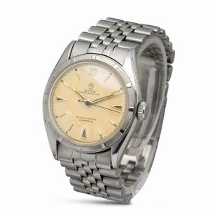 ROLEX : Sportivo e versatile Oyster Perpetual ref 6085 in acciaio inossidabile, quadrante fan con indici triangolari e a bastone, sfere Gladio, bracciale Jubilee  - Asta Orologi da Polso e da Tasca - Associazione Nazionale - Case d'Asta italiane