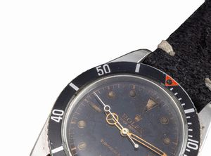 ROLEX : Sportivo e raro Submariner ref 5510 Coroncione, quadrante nero lucido gilt pallettoni al radio, corona maggiorata brevet cassa in acciaio mai lucidata, ghiera girevole con triangolo rosso ad ore 12  - Asta Orologi da Polso e da Tasca - Associazione Nazionale - Case d'Asta italiane