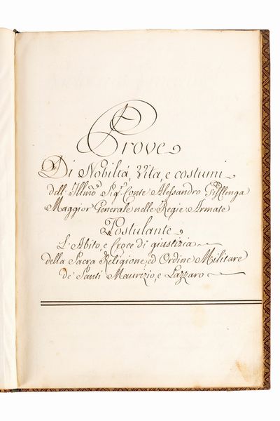 Prove di Nobilt vita e Costumi dell'Ill.mo Sig. Conte Alessandro Gifflenga Maggior Generale nelle Regie Armate Postulante L'Abito e Croce di Giustizia...  - Asta Libri, Autografi e Stampe - Associazione Nazionale - Case d'Asta italiane